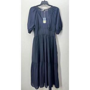 Universal Thread Navy Blue Midi Dress with Puff Sleeves Size Large New with tags
